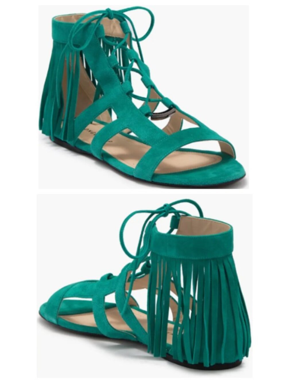 Longchamp Suede Lace-Up Gladiator Sandal, Emerald Green, Size 9 US/40 EU, NWT